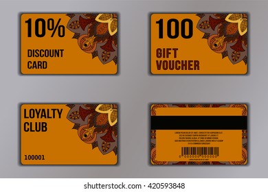 Set of cards with floral mandala pattern including a discount card, loyalty card, gift voucher. Front page and back page. Vector coupon with round floral ornament on background.