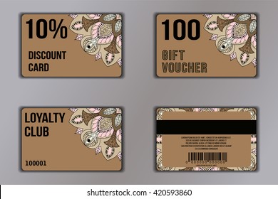 Set of cards with floral mandala pattern including a discount card, loyalty card, gift voucher. Front page and back page. Vector coupon with round floral ornament on background.