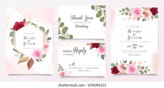 Set of cards with floral. Wedding invitation card template set with floral frame. Red and peach roses botanic illustration for save the date, invitation, greeting card, poster vector