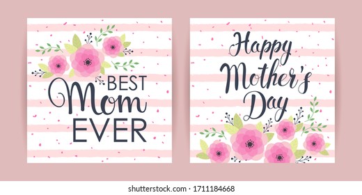 Set of cards with flowers Happy Mothers Day. Vector illustration.