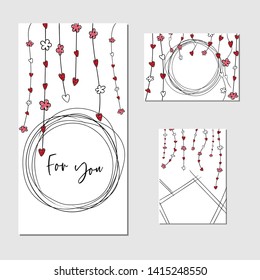 A set of cards with flowers and hearts in black and red colors and the words "for you"