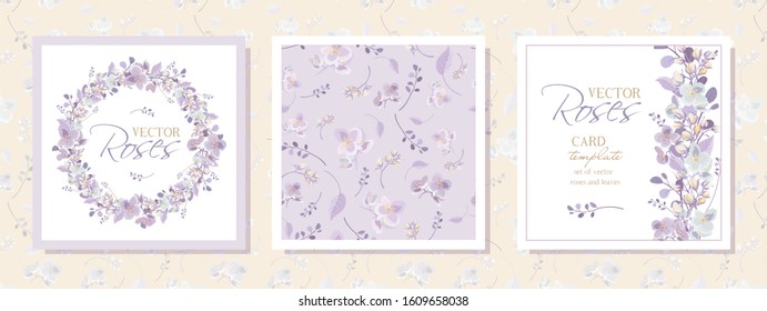 Set of cards with flowers, leaves. Floral poster, invitation. Vector decorative greeting card or invitation design background.