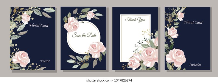 Set of cards with flowers, leaves. Roses. Decorative invitation to the holiday. Wedding, birthday. Universal card. Template for text.  Vector illustration.