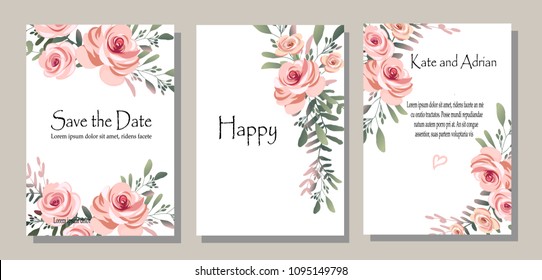 Set of cards with flowers, leaves. Vector illustration. Decorative invitation to the holiday. Wedding, birthday. Universal cards.Pink roses .
