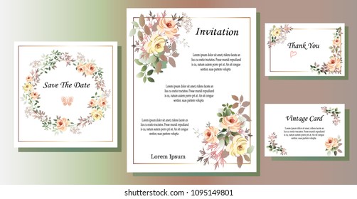 Set of cards with flowers, leaves. Vector illustration. Decorative invitation to the holiday. Wedding, birthday. Universal cards.Pink roses .