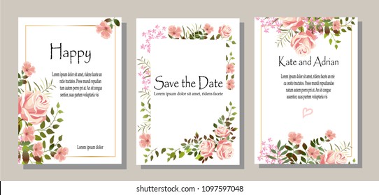 Set of cards with flowers, leaves. Vector illustration. Decorative invitation to the holiday. Wedding, birthday. Universal cards.Pink roses .