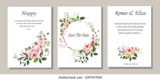 Set of cards with flowers, leaves. Vector illustration. Decorative invitation to the holiday. Wedding, birthday. Universal cards.Pink roses .