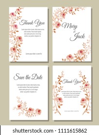 Set of cards with flowers, leaves. Vector illustration. Decorative invitation to the holiday. Wedding, birthday. Universal cards.Pink roses .