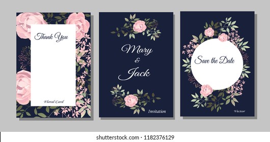 Satz Karten mit Blumen, Blätter. Vektorgrafik.  Dekorative Einladung zum Urlaub. Hochzeit, Geburtstag. Universalkarte. rosafarbene Rosen auf blauem Hintergrund.