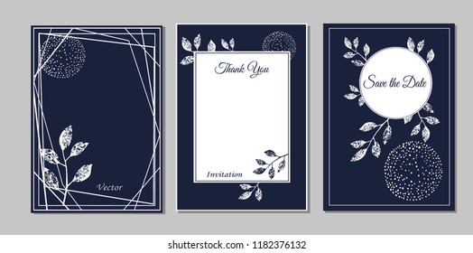 Set of cards with flowers, leaves. Vector illustration. Decorative invitation to the holiday. Wedding, birthday. Universal card. Graphic design on blue background.