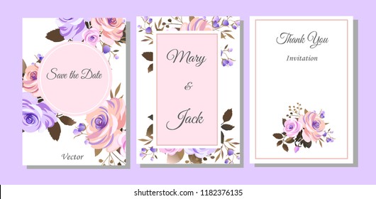 Set of cards with flowers, leaves. Vector illustration. Decorative invitation to the holiday. Wedding, birthday. Universal card.Pink rose.  Geometric framework.