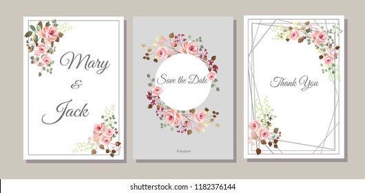 Set of cards with flowers, leaves. Vector illustration. Decorative invitation to the holiday. Wedding, birthday. Universal card.Pink rose.  Geometric framework.