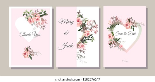 Set of cards with flowers, leaves. Vector illustration. Decorative invitation to the holiday. Wedding, birthday. Universal card.Pink rose. Heart.