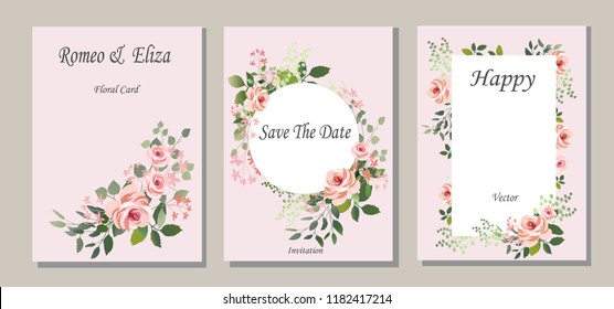 Set of cards with flowers, leaves. Vector illustration. Decorative invitation to the holiday. Wedding, birthday. Universal card.Pink rose.