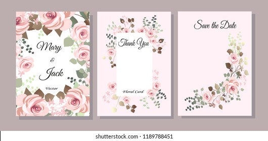 Set of cards with flowers, leaves. Vector illustration. Decorative invitation to the holiday. Wedding, birthday. Universal card.Pink rose.  Geometric framework.