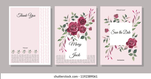Set of cards with flowers, leaves. Vector illustration. Decorative invitation to the holiday. Wedding, birthday. Universal card. Template for text. Bordeaux roses.