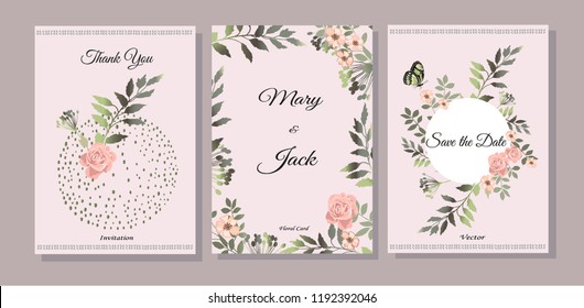 Set of cards with flowers, leaves. Vector illustration. Decorative invitation to the holiday. Wedding, birthday. Universal card. Template for text. Pink rose.