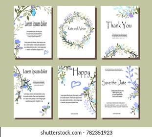 A set of cards with flowers , leaves. Vector illustration. Decorative invitation to the feast. Wedding, birthday.