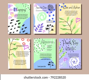 A set of cards with flowers , leaves. Vector illustration. Decorative invitation to the feast. Wedding, birthday.