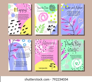 A set of cards with flowers , leaves. Vector illustration. Decorative invitation to the feast. Wedding, birthday.