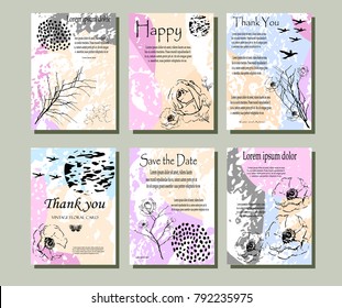 A set of cards with flowers , leaves. Vector illustration. Decorative invitation to the feast. Wedding, birthday.