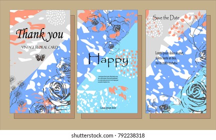 A set of cards with flowers , leaves. Vector illustration. Decorative invitation to the feast. Wedding, birthday.