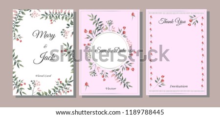 Set of cards with flowers, leaves. Vector illustration. Decorative invitation to the holiday. Wedding, birthday. Universal card. Template for text.Pink flowers, leaves.