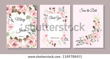 Set of cards with flowers, leaves. Vector illustration. Decorative invitation to the holiday. Wedding, birthday. Universal card.Pink rose.  Geometric framework.