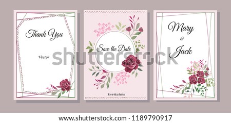 Set of cards with flowers, leaves. Vector illustration. Decorative invitation to the holiday. Wedding, birthday. Universal card. Template for text. Bordeaux roses.