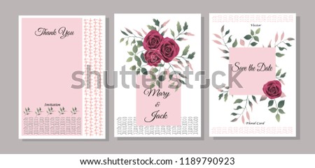 Set of cards with flowers, leaves. Vector illustration. Decorative invitation to the holiday. Wedding, birthday. Universal card. Template for text. Bordeaux roses.