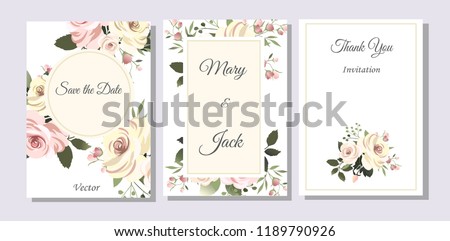 Set of cards with flowers, leaves. Vector illustration. Decorative invitation to the holiday. Wedding, birthday. Universal card.Pink rose.  Geometric framework.