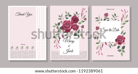 Set of cards with flowers, leaves. Vector illustration. Decorative invitation to the holiday. Wedding, birthday. Universal card. Template for text. Bordeaux roses.
