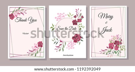 Set of cards with flowers, leaves. Vector illustration. Decorative invitation to the holiday. Wedding, birthday. Universal card. Template for text. Bordeaux roses.