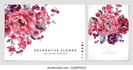 set of cards with flowers peony or rose burgundy colors isolated white backgrounds, applicable for wedding invitation, greeting cards, birthday party, packaging design, poster, banner, fabric printing