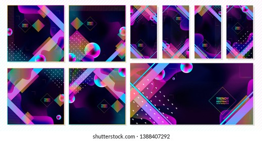 Set of cards flyers banners different forms. Modern 3d colorful bright geometric abstract background. Hipster multicolored with a trend gradient business