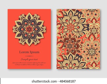 Set of cards, flyers, brochures, templates with hand drawn mandala pattern. Vintage oriental style. Indian, asian, arabic, islamic, ottoman motif. Vector illustration.
