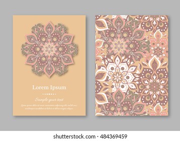 Set of cards, flyers, brochures, templates with hand drawn mandala pattern. Vintage oriental style. Indian, asian, arabic, islamic, ottoman motif. Vector illustration.