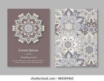 Set of cards, flyers, brochures, templates with hand drawn mandala pattern. Vintage oriental style. Indian, asian, arabic, islamic, ottoman motif. Vector illustration.