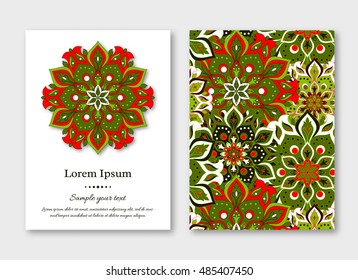 Set of cards, flyers, brochures, templates with hand drawn mandala pattern. Vintage oriental style. Indian, asian, arabic, islamic, ottoman motif. Vector illustration.