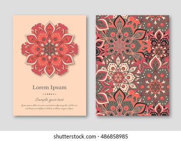 Set of cards, flyers, brochures, templates with hand drawn mandala pattern. Vintage oriental style. Indian, asian, arabic, islamic, ottoman motif. Vector illustration.