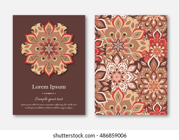Set of cards, flyers, brochures, templates with hand drawn mandala pattern. Vintage oriental style. Indian, asian, arabic, islamic, ottoman motif. Vector illustration.