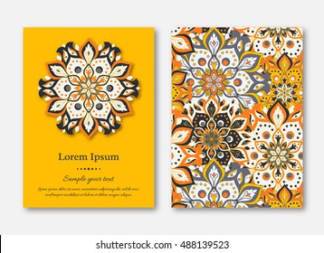 Set of cards, flyers, brochures, templates with hand drawn mandala pattern. Vintage oriental style. Indian, asian, arabic, islamic, ottoman motif. Vector illustration.