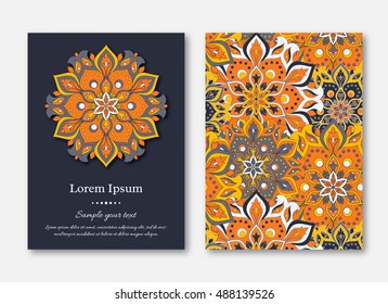 Set of cards, flyers, brochures, templates with hand drawn mandala pattern. Vintage oriental style. Indian, asian, arabic, islamic, ottoman motif. Vector illustration.