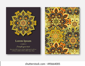 Set of cards, flyers, brochures, templates with hand drawn mandala pattern. Vintage oriental style. Indian, asian, arabic, islamic, ottoman motif. Vector illustration.