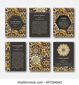 Set of cards, flyers, brochures, templates with hand drawn mandala pattern. Vintage oriental style. Indian, asian, arabic, islamic, ottoman motif. Vector illustration.