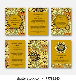 Set of cards, flyers, brochures, templates with hand drawn mandala pattern. Vintage oriental style. Indian, asian, arabic, islamic, ottoman motif. Vector illustration.