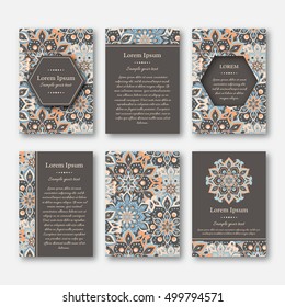 Set of cards, flyers, brochures, templates with hand drawn mandala pattern. Vintage oriental style. Indian, asian, arabic, islamic, ottoman motif. Vector illustration.