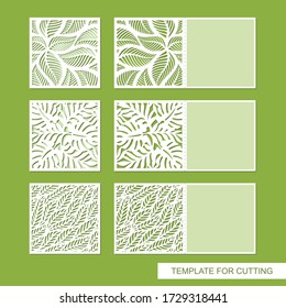 Set of cards folding in half with a floral pattern of leaves cut out of paper. Beautiful vector invitation or congratulation template. Place for text (copy space). Design for plotter laser cutting.