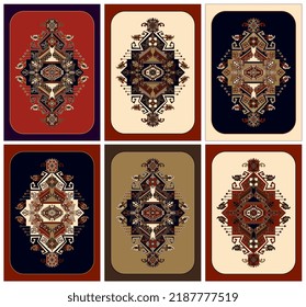 Set of cards with folk decorative elements. Set of symmetry ornaments. Tribal abstract isolated illustration. Design for wall print, invitation, web, cover, back, rug, carpet, banner. Arabian style