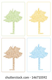 set of cards with four seasons trees isolated on white background